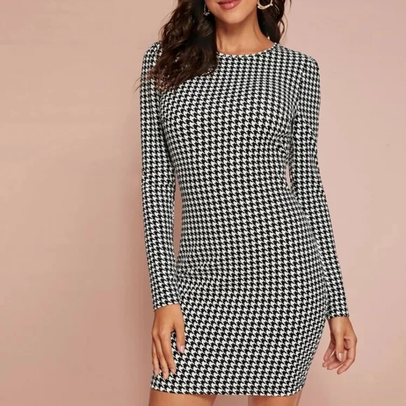 SHEIN | Dresses | Shein Houndstooth Bodycon Dress Blackwhite | Poshmark